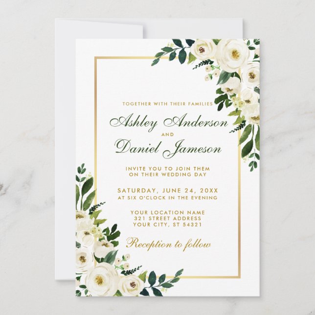 Watercolor Floral Green Gold Wedding G Invitation (Front)
