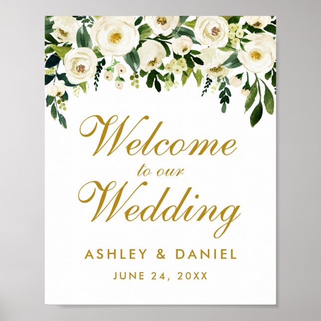 Watercolor Floral Green Gold Wedding Welcome Poster (Front)