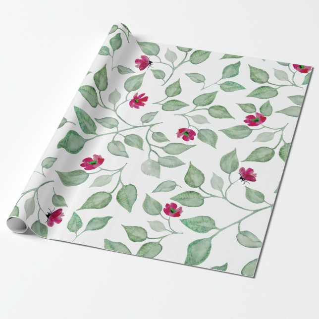 Watercolor Floral Green Leaves Wrapping Paper (Unrolled)