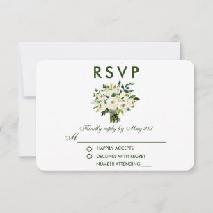 Watercolor Floral Green White Bouquet Wedding RSVP Card