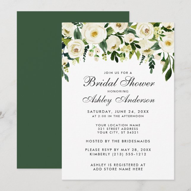 Watercolor Floral Green White Bridal Shower G Invitation (Front/Back)