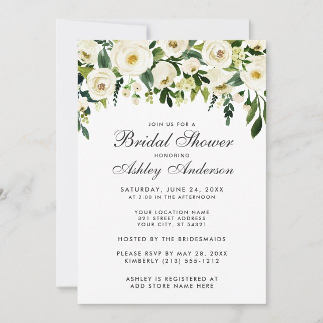 Watercolor Floral Green White Bridal Shower Invitation (Front)
