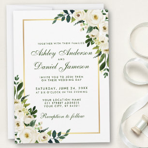 Watercolor Floral Green White Gold Wedding GS Invitation