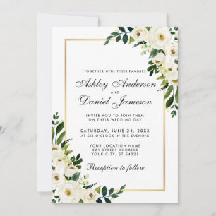 Watercolor Floral Green White Gold Wedding Invitation