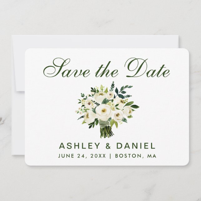Watercolor Floral Green White Save The Date B (Front)