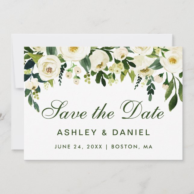 Watercolor Floral Green White Save The Date BGS (Front)