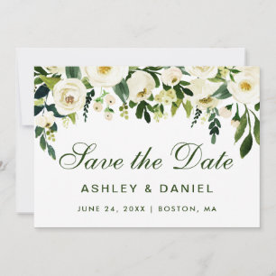 Watercolor Floral Green White Save The Date BGS