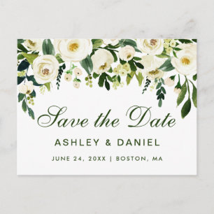 Watercolor Floral Green White Save The Date GS Announcement Postcard