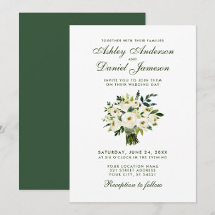 Watercolor Floral Green White Wedding Bouquet GB Invitation