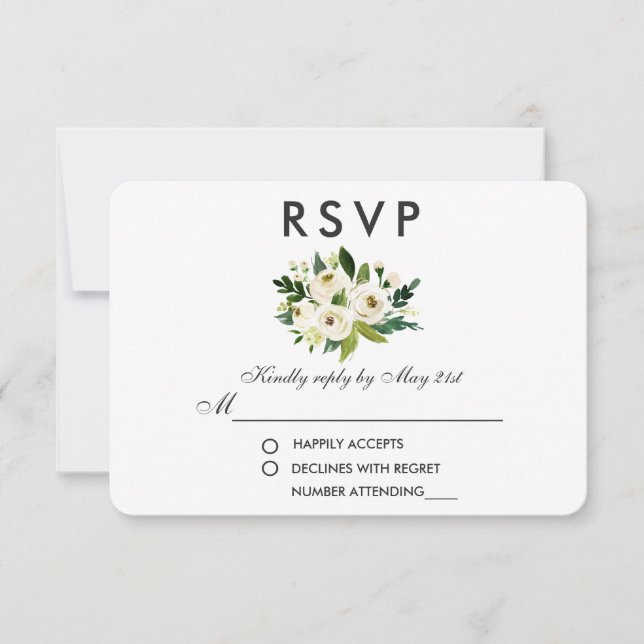 Watercolor Floral Green White Wedding RSVP (Front)