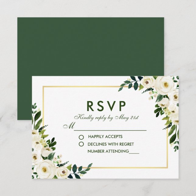 Watercolor Floral Green White Wedding RSVP GSB (Front/Back)