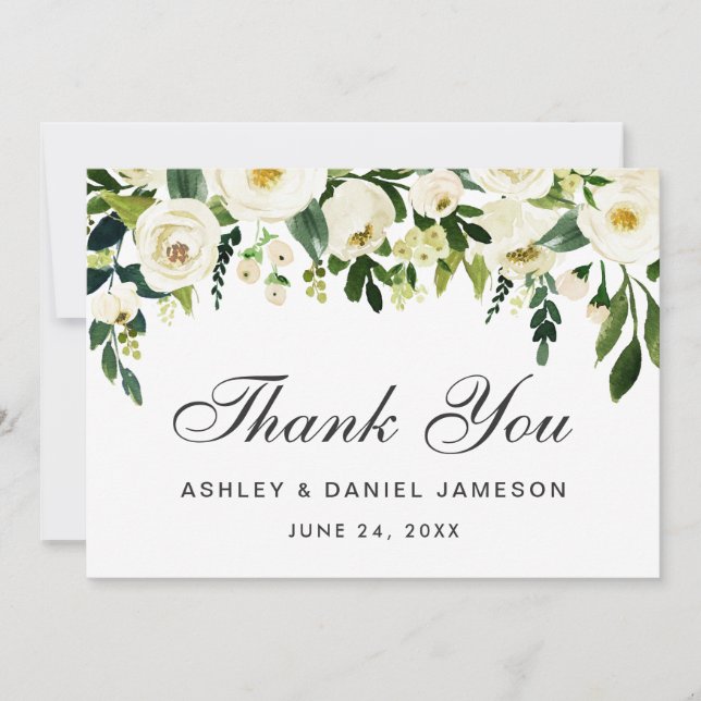 Watercolor Floral Green White Wedding Thank You (Front)