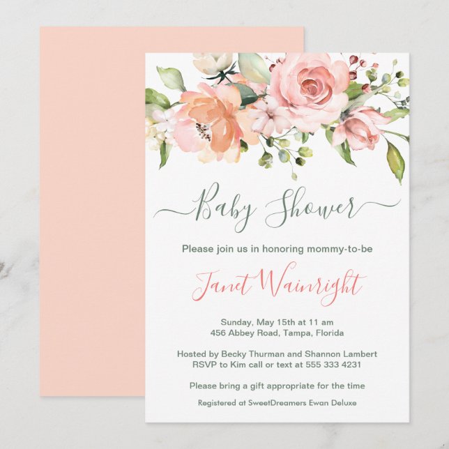 Watercolor Floral, greenery foliage Baby Shower Invitation (Front/Back)
