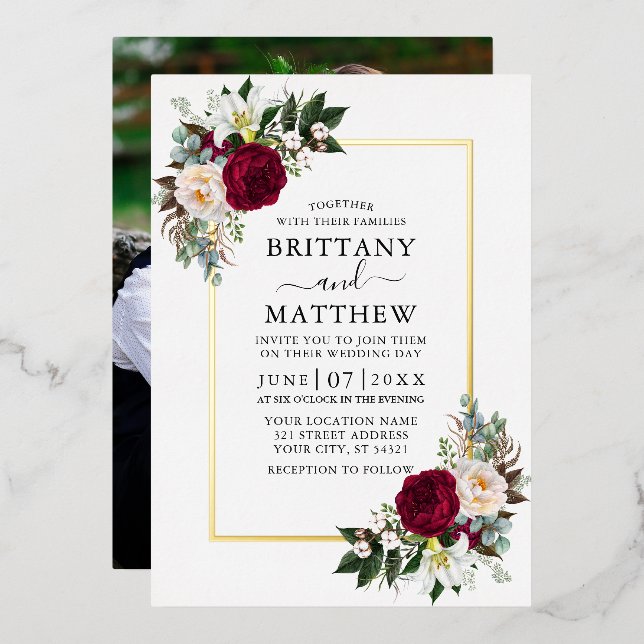 Watercolor Floral Greenery Photo Wedding Gold (Front/Back)