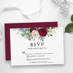 Watercolor Floral Greenery Wedding Burgundy RSVP Card