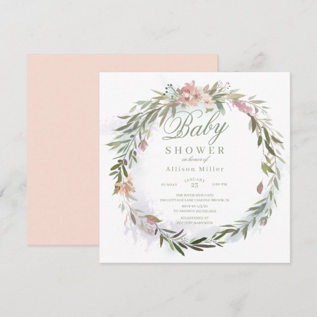Watercolor Floral Greenery Wreath Baby Shower Invitation (Front/Back)