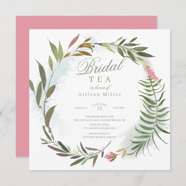 Watercolor Floral Greenery Wreath Bridal Tea Invitation (Front/Back)