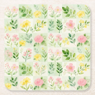 Watercolor Floral Grid Pattern Square Paper Coaster