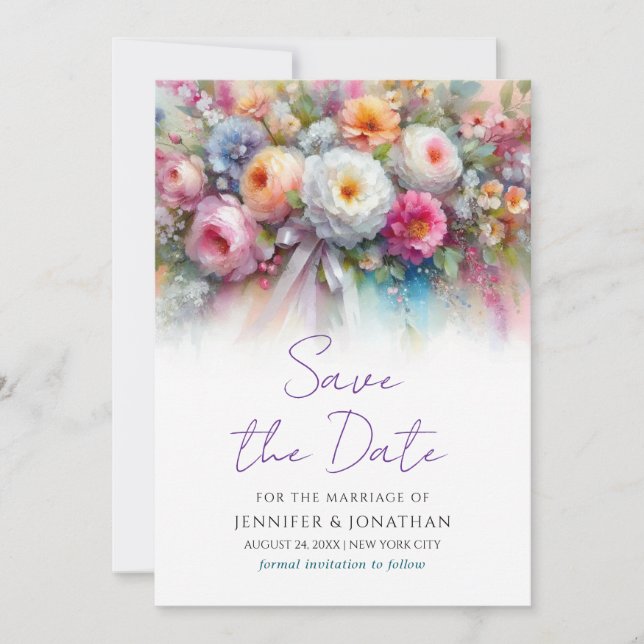 Watercolor Floral Handwritten Script Save The Date (Front)