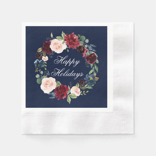 Watercolor Floral Happy Holidays Blue Cocktail Napkin (Front)