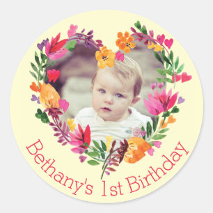 Watercolor Floral Heart Baby 1st Birthday Photo Classic Round Sticker
