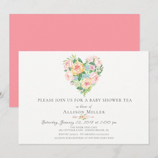 Watercolor Floral Heart Baby Shower Invitation (Front/Back)