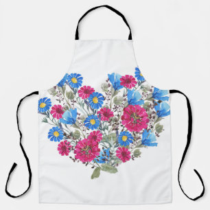 Watercolor floral heart, bright wildflowers arrang apron
