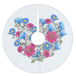 Watercolor floral heart, bright wildflowers arrang brushed polyester tree skirt
