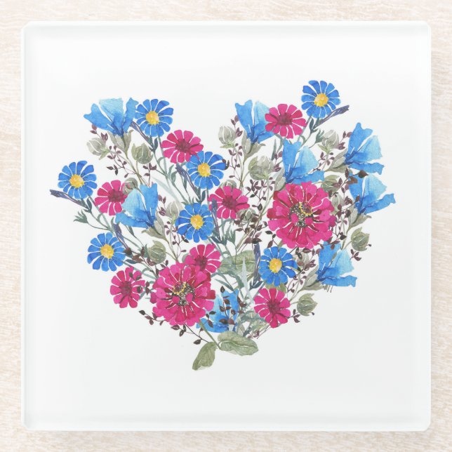 Watercolor floral heart, bright wildflowers arrang glass coaster (Front)