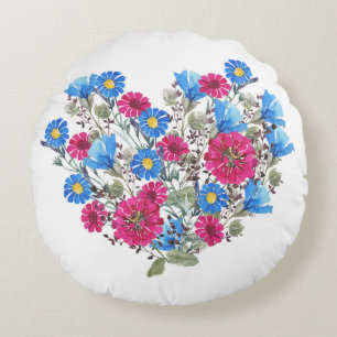 Watercolor floral heart, bright wildflowers arrang round pillow
