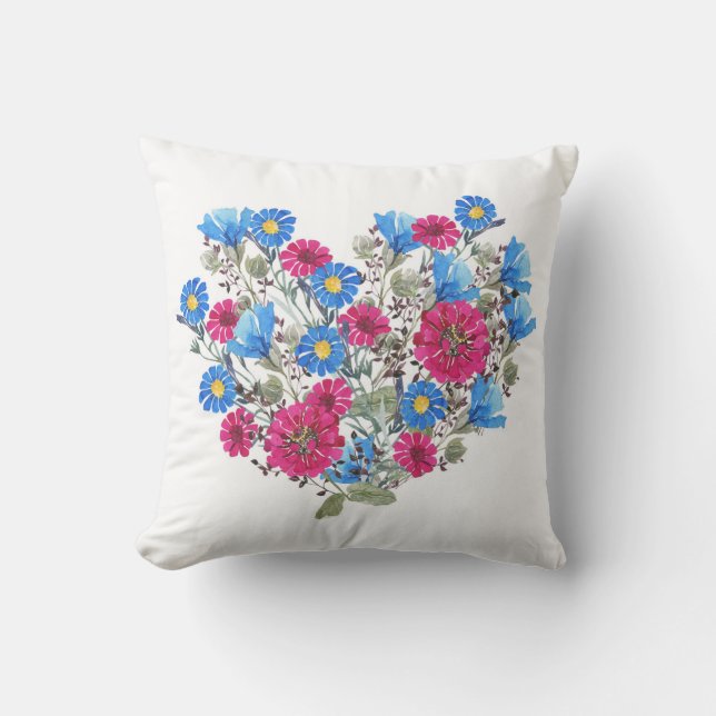 Watercolor floral heart, bright wildflowers arrang throw pillow (Front)