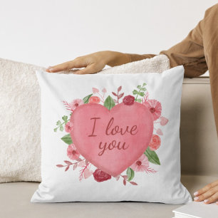 Watercolor Floral Heart I love You Valentines Day  Throw Pillow