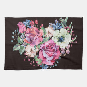 Watercolor floral heart: vintage roses. kitchen towel