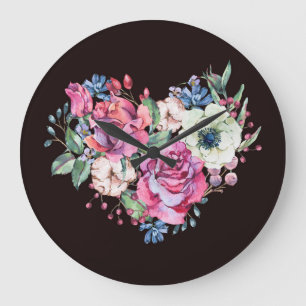 Watercolor floral heart: vintage roses. large clock