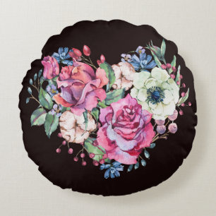 Watercolor floral heart: vintage roses. round pillow