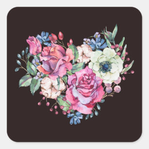 Watercolor floral heart: vintage roses. square sticker
