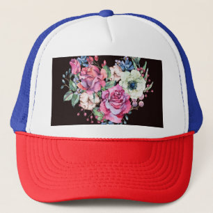 Watercolor floral heart: vintage roses. trucker hat