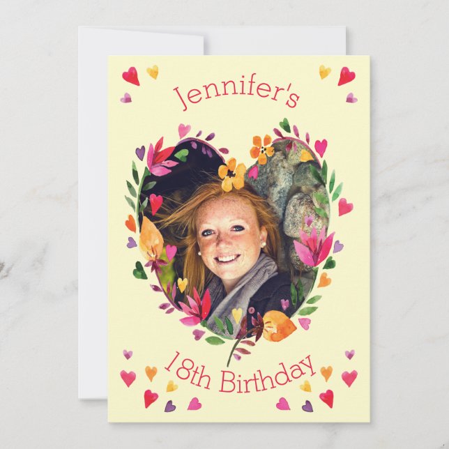Watercolor Floral Heart Wreath 18th Birthday Photo Invitation (Front)