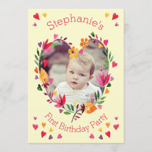 Watercolor Floral Heart Wreath Baby 1st Birthday Invitation