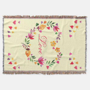 Watercolor Floral Heart Wreath Love Throw Blanket