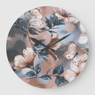 Watercolor floral hibiscus, butterfly pattern. large clock