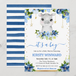 Watercolor Floral Hippo Boy Baby Shower Invitation