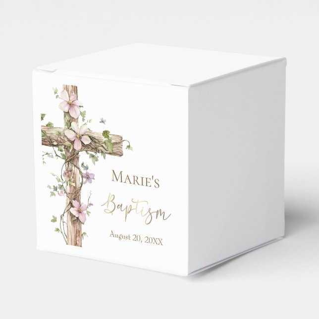 Watercolor Floral Holy Cross Baptism Favor Box (Front Side)