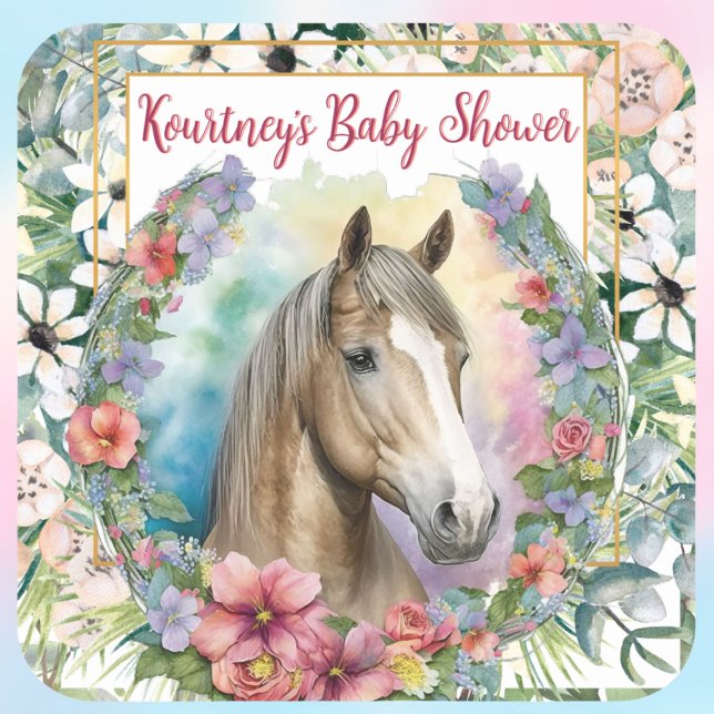 Watercolor Floral Horse Baby Shower  Square Sticker (Baby shower horse sticker with flowers all around.)