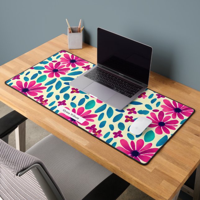Watercolor Floral Hot Pink & Blue Pattern Desk Mat (Office 2)