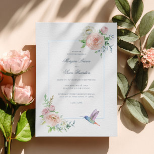 Watercolor Floral Hummingbird Seersucker Wedding Invitation