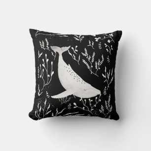 Watercolor Floral Humpback Whale Black Throw Pillow