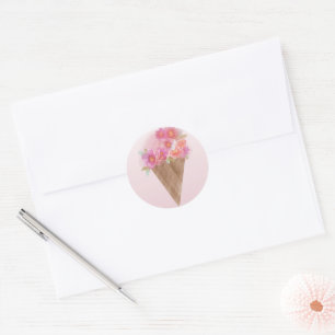 Watercolor Floral Ice Cream Cone with Name Classic Round Sticker