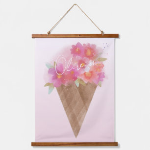 Watercolor Floral Ice Cream Cone with Name Hanging Tapestry