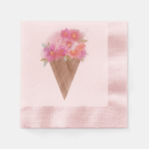 Watercolor Floral Ice Cream Cone with Name Napkin